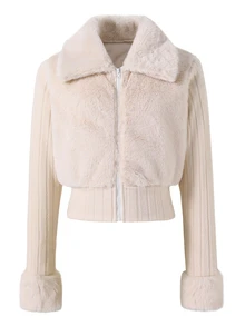 SHEIN Tween Girls Coat, Casual Fuzzy Patchwork Thermal-Lined Ribbed Fabric Jacket, Crop, Loose, Comfortable, Knit, Fall Clothes, Halloween, School - Grey - View 1