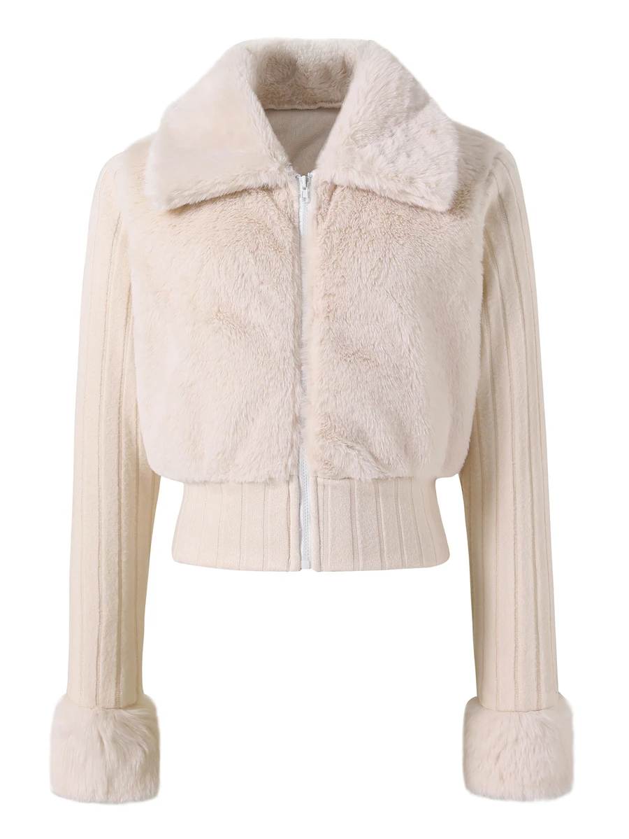SHEIN Tween Girls Coat, Casual Fuzzy Patchwork Thermal-Lined Ribbed Fabric Jacket, Crop, Loose, Comfortable, Knit, Fall Clothes, Halloween, School - Grey - View 1