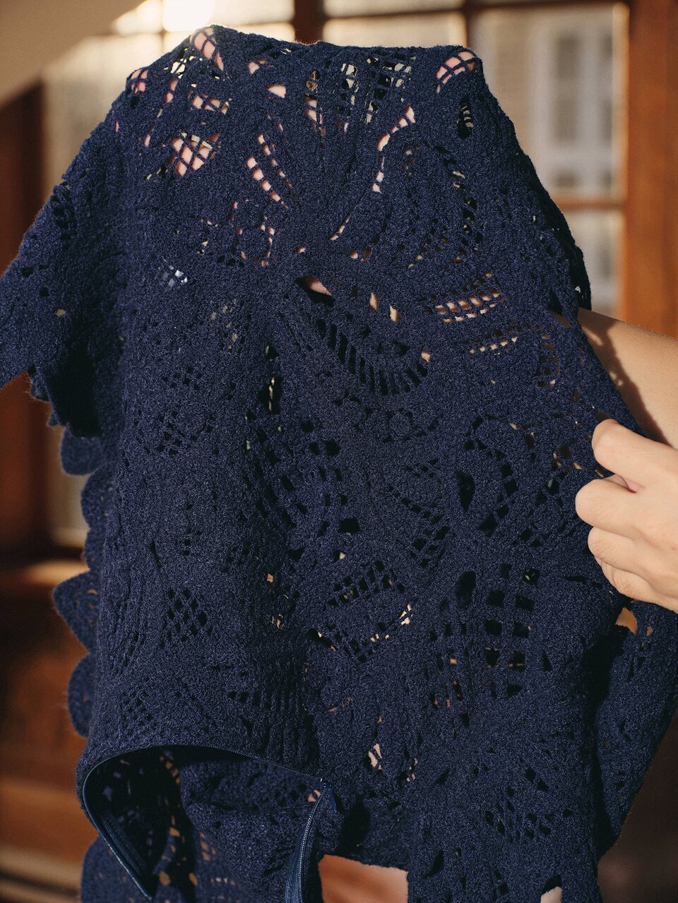 Navy Blue Stand Collar Hollow Crochet Knit Sweater Women's Fitted Long Sleeve Asymmetric Hem Flared Sleeve Sweater