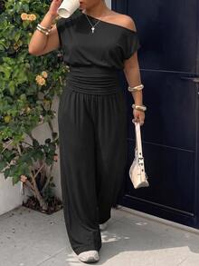 Muchica Plus Size Summer Casual Elegant Solid Color Asymmetric Collar Top And Pants 2 Pieces Set Brunch Formal Black - Black - View 1