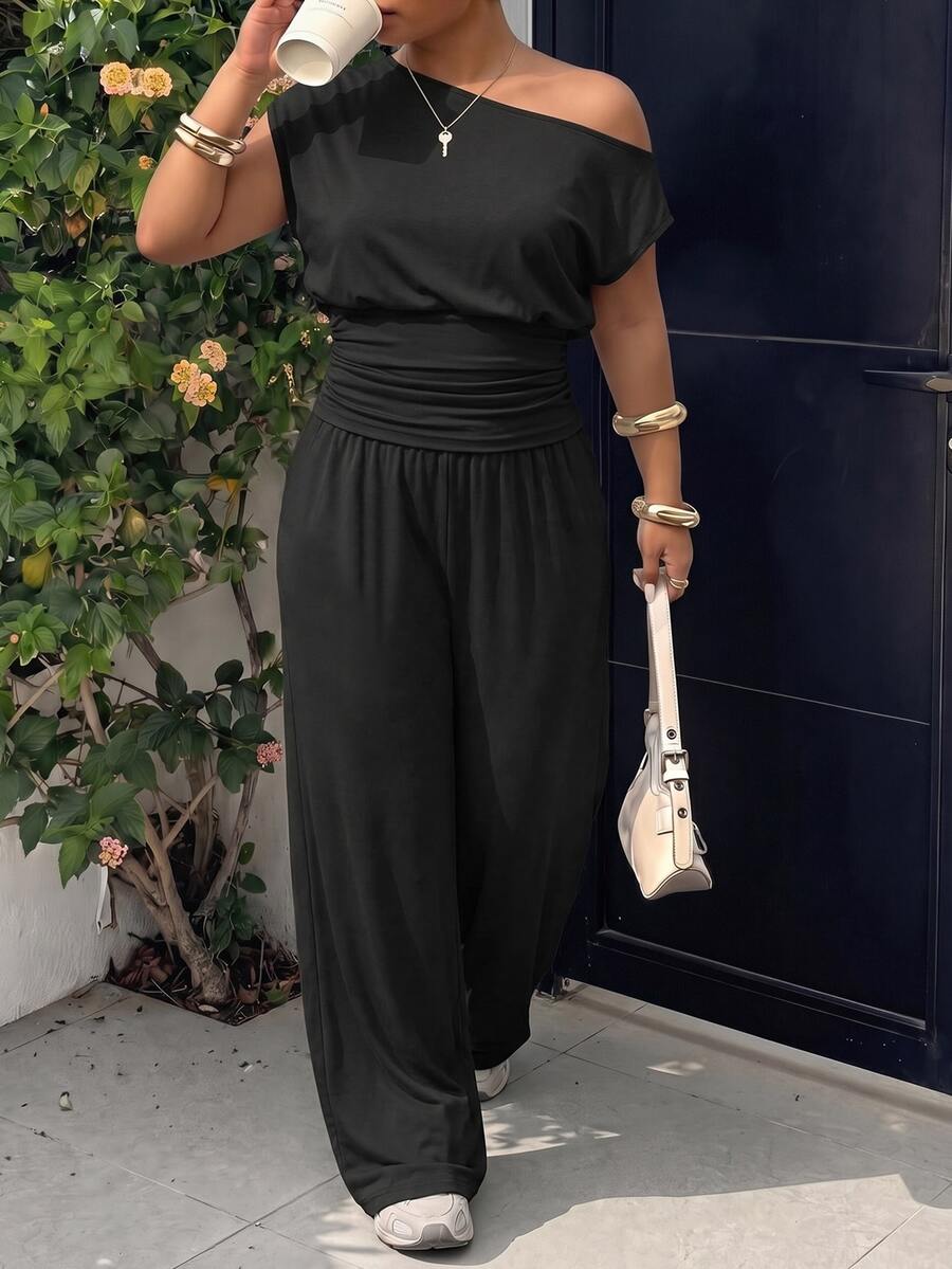 Muchica Plus Size Summer Casual Elegant Solid Color Asymmetric Collar Top And Pants 2 Pieces Set Brunch Formal Black - Black - View 1