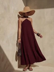 Zivah Women's Solid Color Halter Neck Long Dress For Vacation And Casual Wear - Rose Red - View 3
