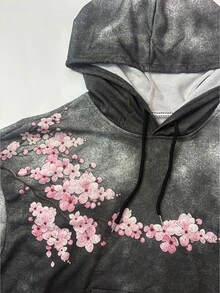Manfinity Dauomo 男士休閒櫻花印花連帽衛衣，秋季 - 深灰色 - 查看 4
