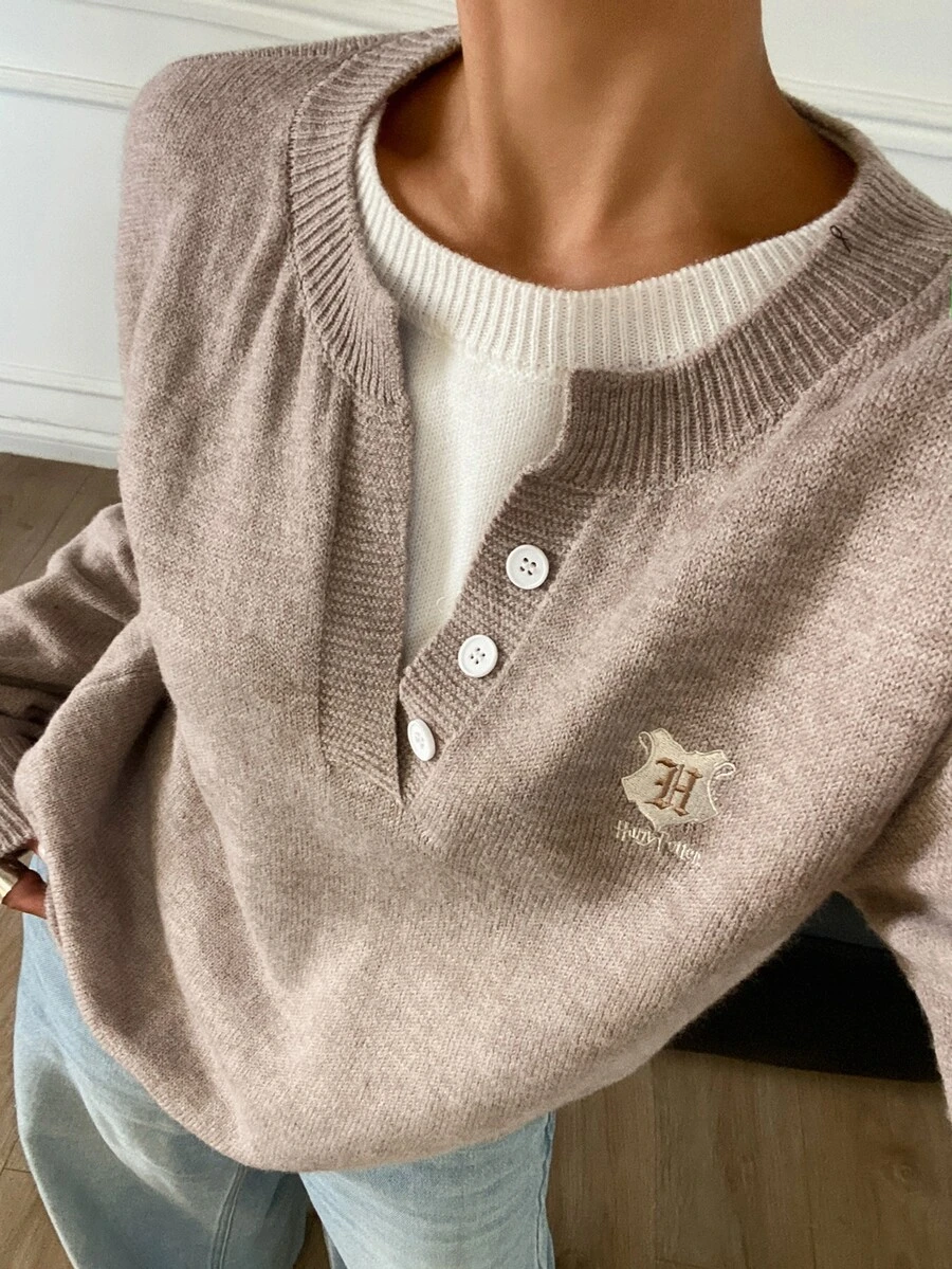 DAZY Women's Wool Letter Print Casual Versatile Daily Wear Long Sleeve Sweater, Autumn - Coffee Brown - View 1