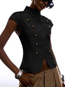 LYSMO Women's Street Style Double-Breasted Zipper Jacket - Navy Blue - View 9