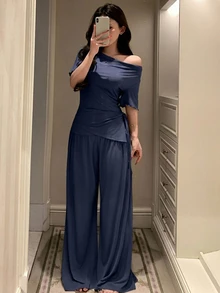 DAZY 女款純色針織大領口收腰上衣與寬腿睡褲家居服套裝 秋季 - 藏蓝色 - 查看 6
