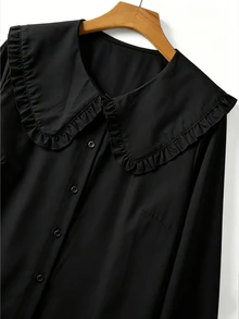 GlowEve CURVE Regalyn Plus Size Women's Solid Color Cute Korean Peter Pan Collar Blouse, Suitable For Spring And Autumn Layering Fall - Black - View 3