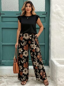 EMERY ROSE 休閒簡約純色上衣與楓葉花卉印花長褲大尺碼女款兩件套 - 彩色 - 查看 5