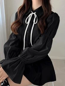 FRIFUL 女款春夏全棉拼接配色抽繩長袖寬鬆休閒百搭襯衫可愛上衣 - 黑色 - 查看 6
