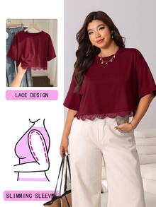 Solflare Burgundy Lace Patchwork Casual Plus Size Women's T-Shirt - Burgundy - View 1