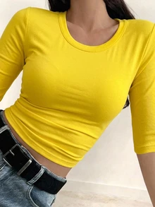 DAZY 女款休閒百搭純色T恤，秋季 - 黃色 - 查看 3