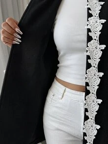 Modelyn شال كاب نسائي فضفاض بتأثير تنحيف من مزيج الصوف مع تطريز دانتيل، بياقة دائرية، ملابس خارجية للخريف/الشتاء - الأسود - مشاهدة 2