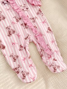 SHEIN 新生兒條紋小熊圖案拼色休閒居家連身睡衣 - 粉色 - 查看 4