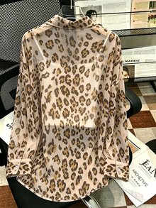 Plus Size Women's Leopard Print Single-Breasted Casual Daily Wear Shirt - Multicolor - View 2
