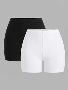SHEIN EZwear 大尺碼女款純色休閒百搭日常穿著緊身內搭短褲 - 黑與白 - 查看 8