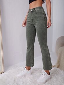 SHEIN EZwear 女款休閒百搭日常旅行牛仔褲，附口袋與鈕扣設計 - 軍綠色 - 查看 3