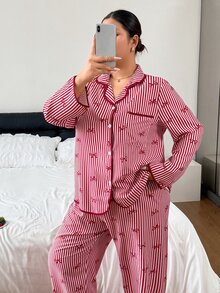 Napfluff CURVE Napfluff CURVE Asian Cute Plus Size Red Striped Red Bow Print Long Sleeve Long Pants Women's Pajama Set - Red - View 3