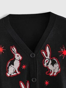 ROMWE Goth Vintage Dark Plus Size Women's Knitted Cardigan Rabbit Jacquard V-Neck Loose Long Sleeve Sweater Autumn/Winter Sweater Jacket - Black - View 4