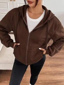SHEIN EZwear Casual Baggy Sports Brown Open Front Hooded Plus Size Jacket Autumn Going Out Club - Chocolate Brown - View 4