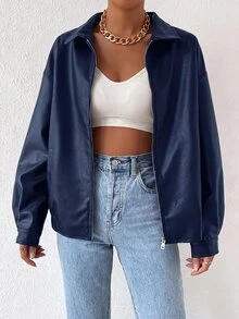 SHEIN EZwear 秋冬款落肩拉鍊PU短版皮夾克 - 藏蓝色 - 查看 1