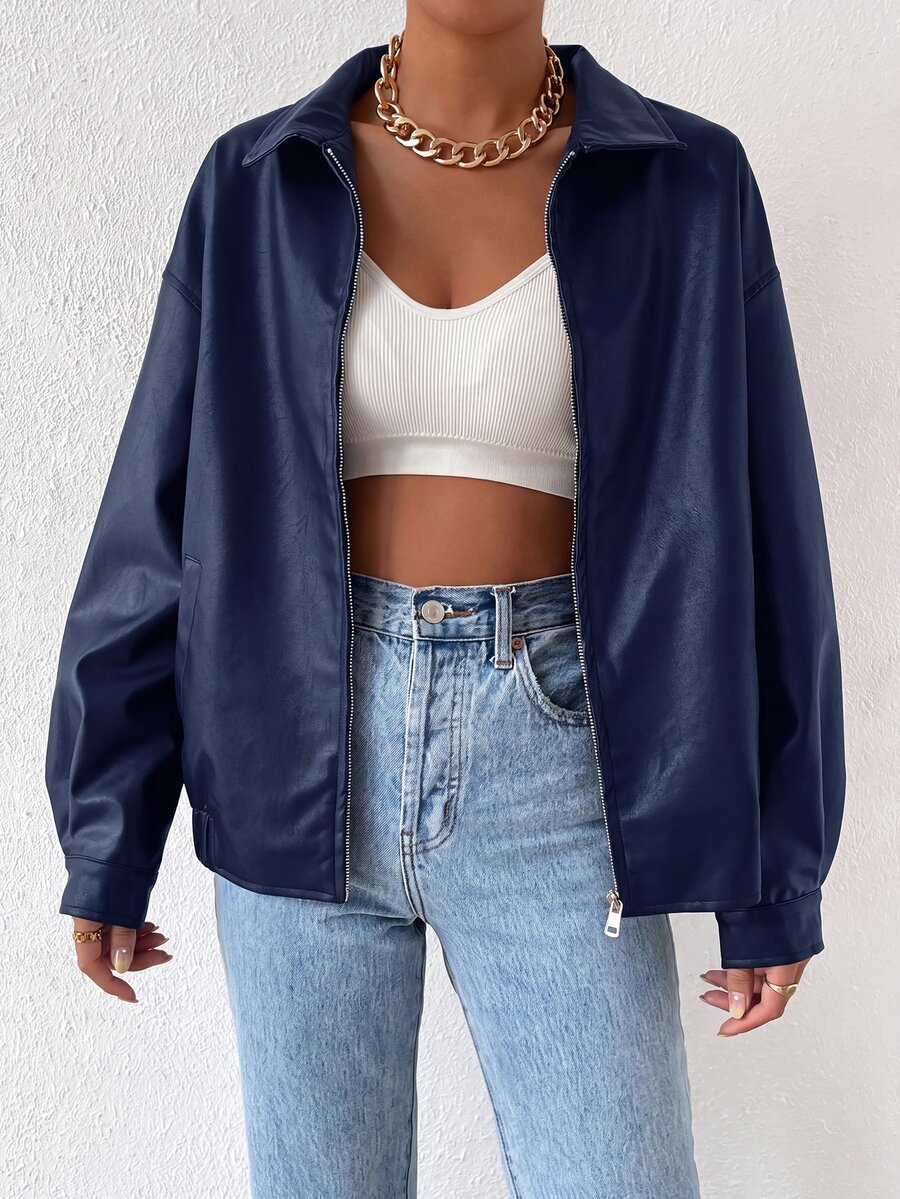SHEIN EZwear 秋冬款落肩拉鍊PU短版皮夾克 - 藏蓝色 - 查看 1