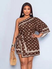 SOLERSUN Plus Size Fashion Commuter All-Over Print Asymmetrical Collar Dress Fall - Brown - View 2