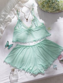PetitDoll 2件組女款內衣，花卉水溶性刺繡與透視網紗設計 - 薄荷綠 - 查看 6