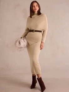 Enchnt Setelan 2 Potong Sweater Kerah Tegak Elegan Musim Gugur/Musim Dingin & Rok Rajut - Aprikot - View 2
