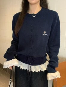 DAZY Women's Single-Breasted Casual Versatile Daily Long Sleeve Sweater Fall - Navy Blue - View 2