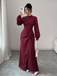 SHEIN Elenzya Gaun Pesta Elegan Wanita, Gaun Panjang Merah, Desain untuk Musim Gugur/Dingin - Merah - View 5
