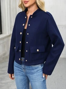 EMERY ROSE Jaket Lengan Panjang Kasual Warna Polos Serbaguna untuk Wanita, Pakaian Musim Gugur untuk Wanita, Busana Musim Dingin untuk Wanita - Navy Blue - View 1