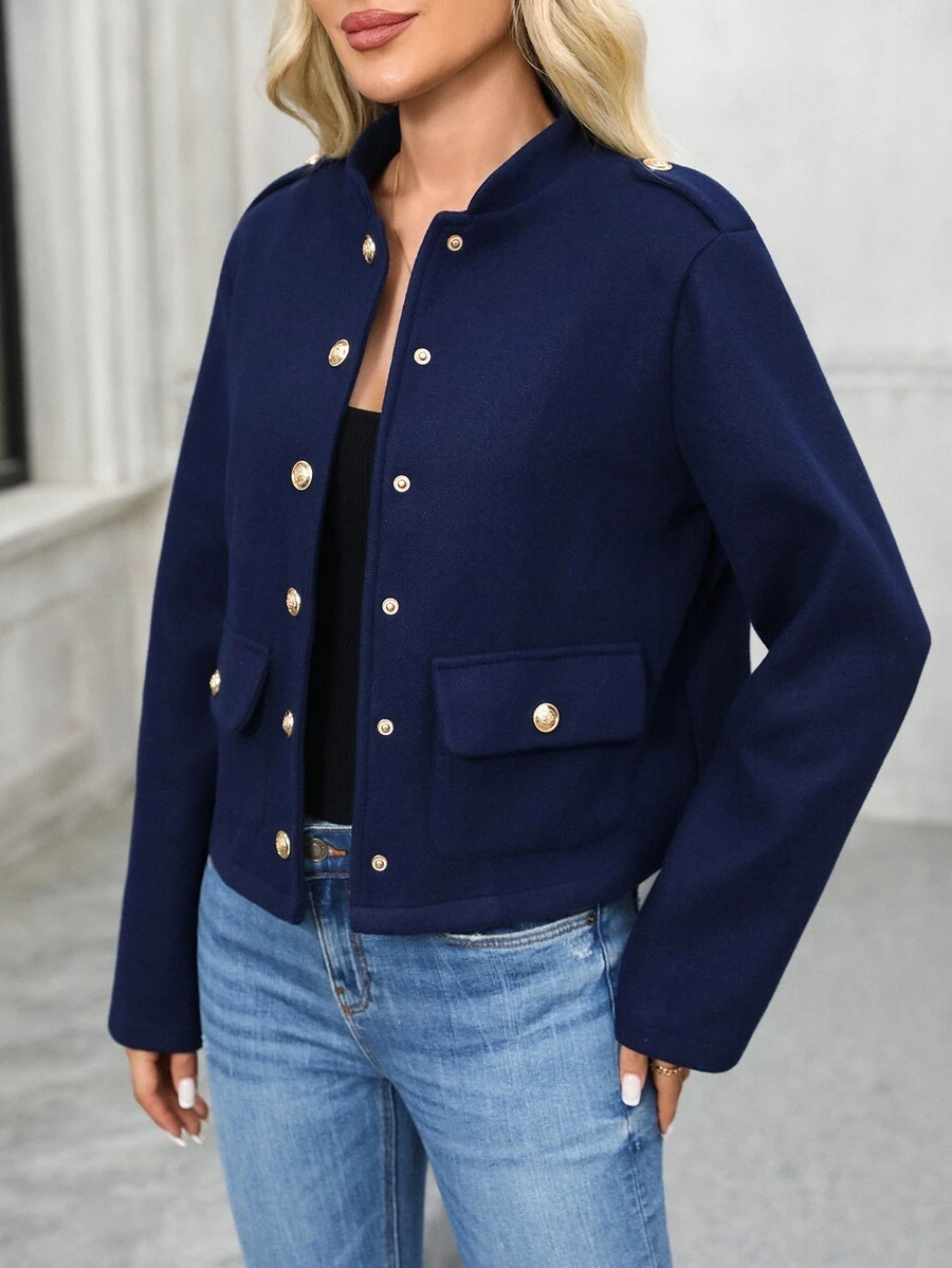 EMERY ROSE Jaket Lengan Panjang Kasual Warna Polos Serbaguna untuk Wanita, Pakaian Musim Gugur untuk Wanita, Busana Musim Dingin untuk Wanita - Navy Blue - View 1