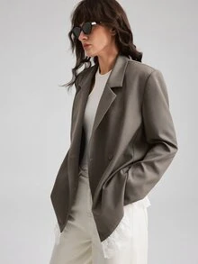 Ontre 2026夏季新款白色蕾絲拼接長袖西裝外套，現代法式優雅婚禮早午餐賓客穿搭，極簡浪漫奢華質感女款 - 灰色 - 查看 4