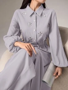 Modelyn 女款水鑽裝飾長袖上衣與長褲休閒日常兩件套 - 淺灰色 - 查看 4