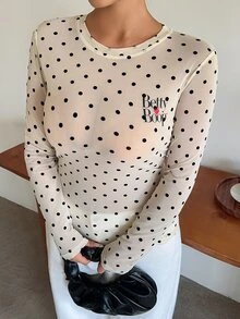 Betty Boop x DAZY Curve Plus Size Women Letter Print Polka Dot Fitted Versatile Base Layer Skin-Like T-Shirt, Spring/Autumn New Style - Beige - View 8