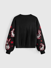 ROMWE Goth Vintage Dark Plus Size Women's Knitted Cardigan Rabbit Jacquard V-Neck Loose Long Sleeve Sweater Autumn/Winter Sweater Jacket - Black - View 2