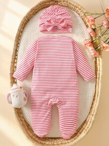 SHEIN 秋冬新生兒蝴蝶結印花可愛嬰兒連身衣 + 帽子 - 紅白色 - 查看 2
