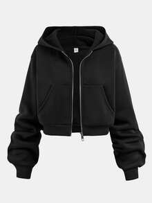 SHEIN Girlism Moletom com Zíper Preto para Adolescentes, Colete de Tricô Solto, Saia Plissada Xadrez Vermelha e Preta, Conjunto de 3 Peças Casual para Escola - Multicolorido - Visão 6