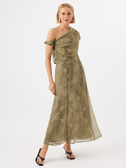 KÆRIA Hus Asymmetrical Neck Ruched Flowy Hem Long Dress