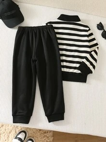 SHEIN 2件組小男孩休閒簡約條紋運動衫與長褲套裝，適合冬季 - 彩色 - 查看 2