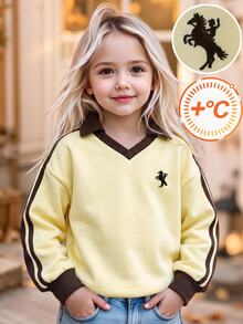 Young Girl Young Girls 4-7歲 英倫風 Polo 領套頭衛衣，保暖條紋袖抓絨運動衫 秋冬新品，適合日常、上學、公園、假期出遊 - 黃色 - 查看 1
