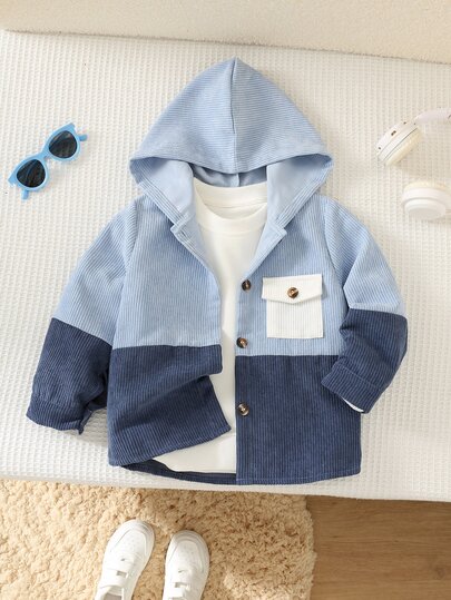 SHEIN Young Boys Casual Comfortable Versatile Colorblock Corduroy Fabric Hooded Shirt Jacket