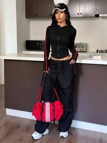 Muchica Women's Black Slim Fit Hooded Contrast Red Side Stripes Full Zip Stretch Sports Jacket Breathable Running Training Outdoor Activewear Outerwear Top - Black - View 7