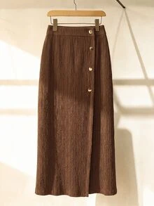 SHEIN Clasi CURVE Plus Size Elegant Textured Fabric Metal Buckle Straight One-Piece Skirt - Brown - View 3