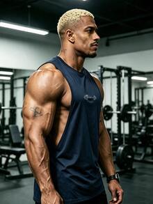 Gym Rark 男士槓鈴印花無袖背心，寬鬆版型運動訓練上衣，夏季籃球球衣，健身房適用 - 藏蓝色 - 查看 3