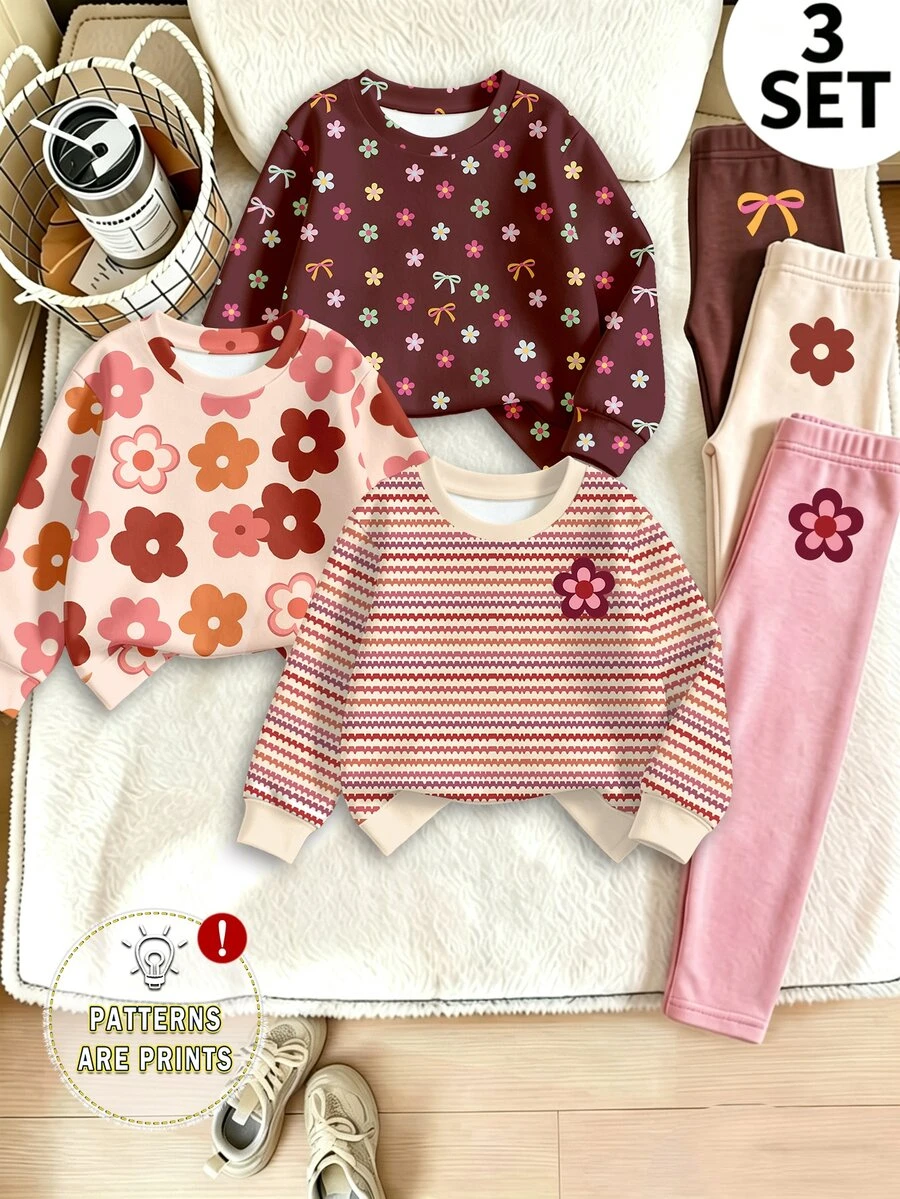 (3套) 秋冬幼童女童休閒可愛彩色條紋與花卉圖案圓領衛衣+內搭褲套裝,復古可愛粉色、棕色、米色 - 彩色 - 查看 1