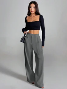 SHEIN 女款優雅法式通勤返校白色西裝長褲 - 灰色 - 查看 3