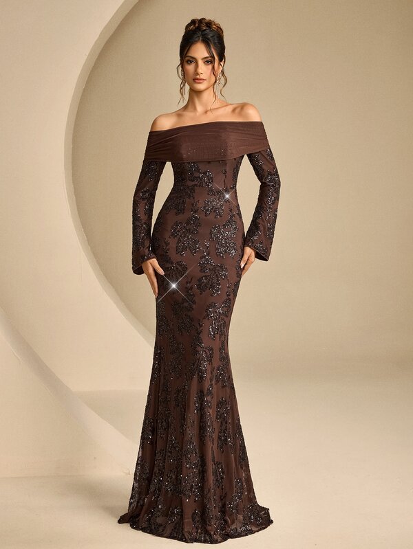 Coutiva Elegant Sequin Glitter Off Shoulder Long Sleeve Fitted Evening Dress
