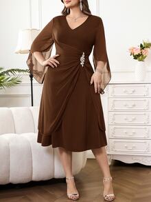 Reflora Vestido de fiesta casual con escote en V y decoración de strass para mujer talla grande - Marrón - Ver 6