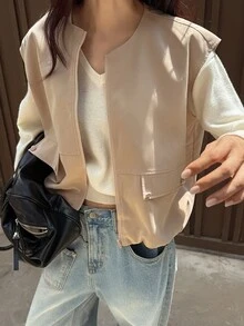 DAZY 夏季新款寬鬆休閒無袖背心 女款商務休閒風正裝外套可愛上衣 - 卡其色 - 查看 3